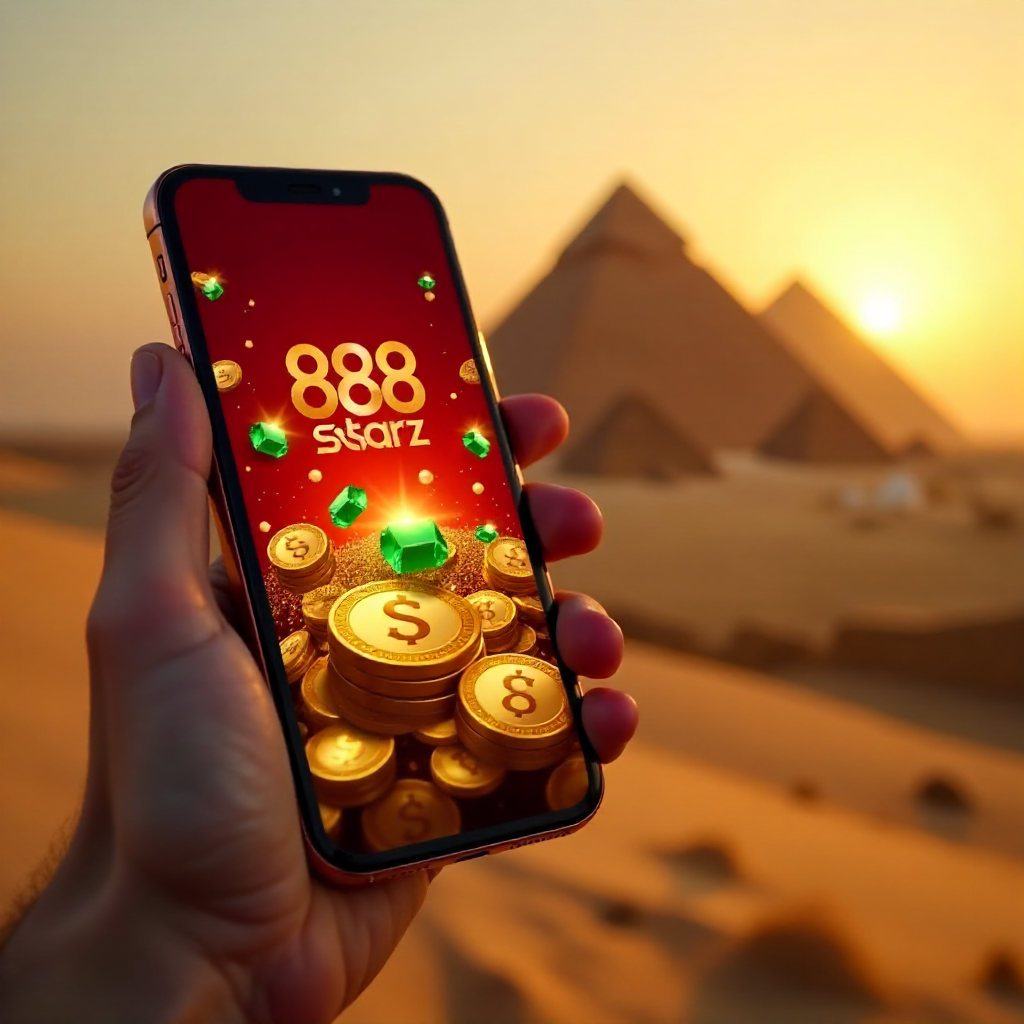A hand holding a high-end smartphone displaying 888starz app, background featuring the Great Pyramids of Giza during a golden sunset, official red and white brand colors, 3D golden coins and emerald gems flying out of the screen, cinematic lighting, 8k.